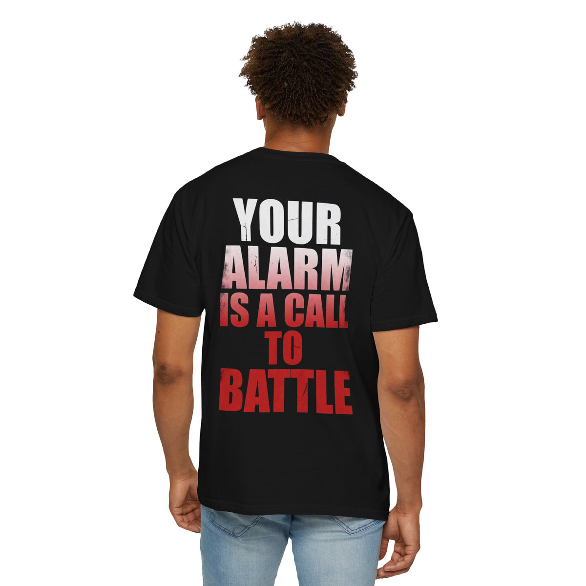 T-Shirt — "WARRIORALITY" Front / "Your Alarm Is A Call To Battle" Back - Motivational Gym Tee