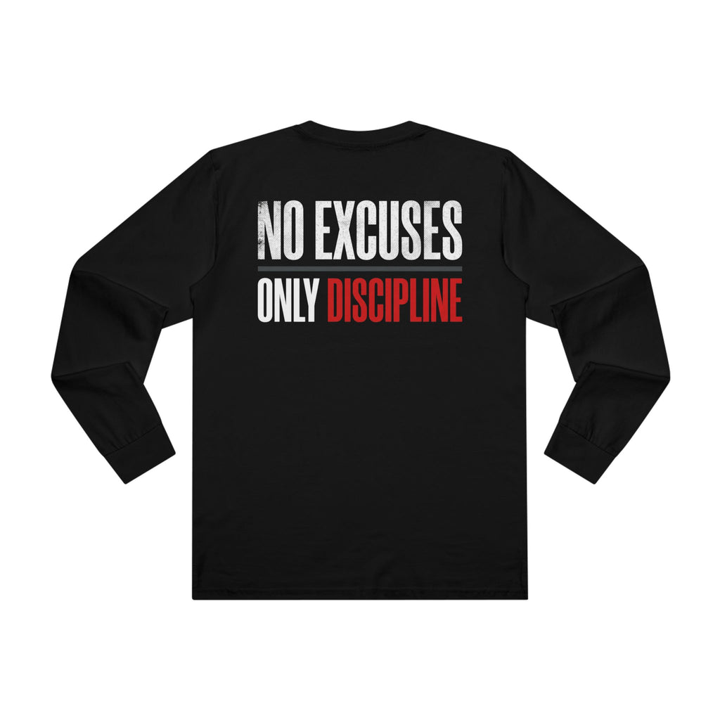 Men's Longsleeve Tee — 'Warriorality' Front, 'No Excuses Only Discipline' Motivational Fitness Shirt