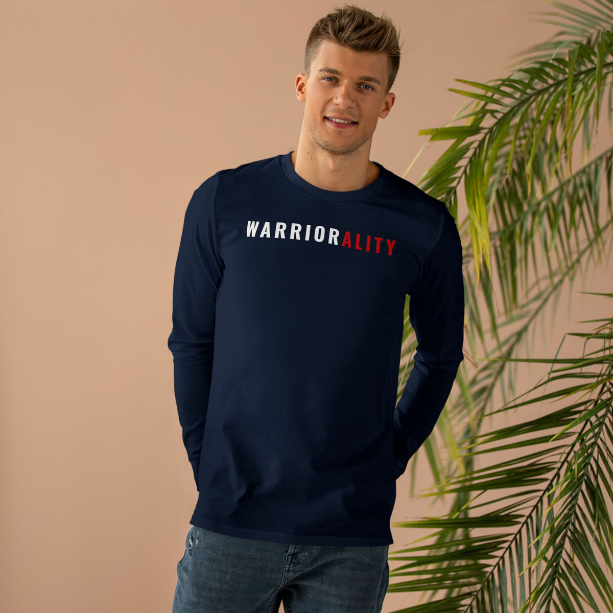 Men's Longsleeve Tee — 'Warriorality' Front, 'No Excuses Only Discipline' Motivational Fitness Shirt