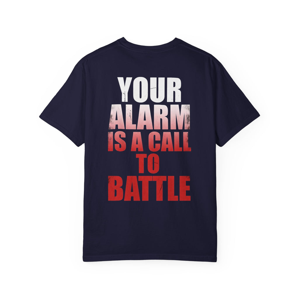 T-Shirt — "WARRIORALITY" Front / "Your Alarm Is A Call To Battle" Back - Motivational Gym Tee