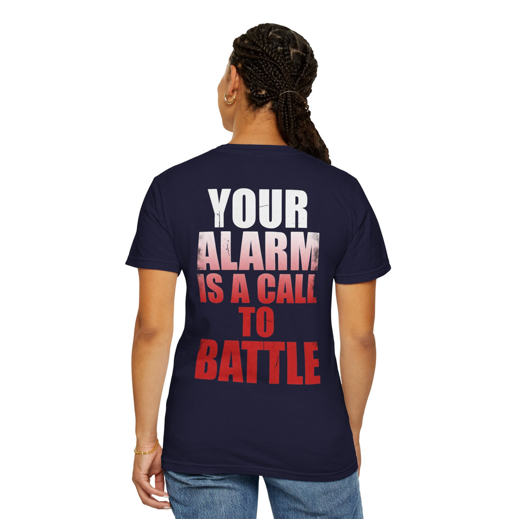 T-Shirt — "WARRIORALITY" Front / "Your Alarm Is A Call To Battle" Back - Motivational Gym Tee