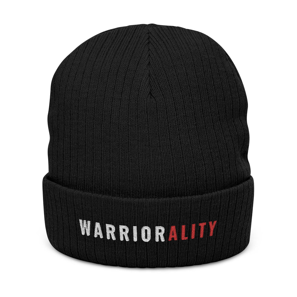 Warriorality Embroidered Ribbed Beanie — Knit Winter Hat for Strength & Fitness Fans