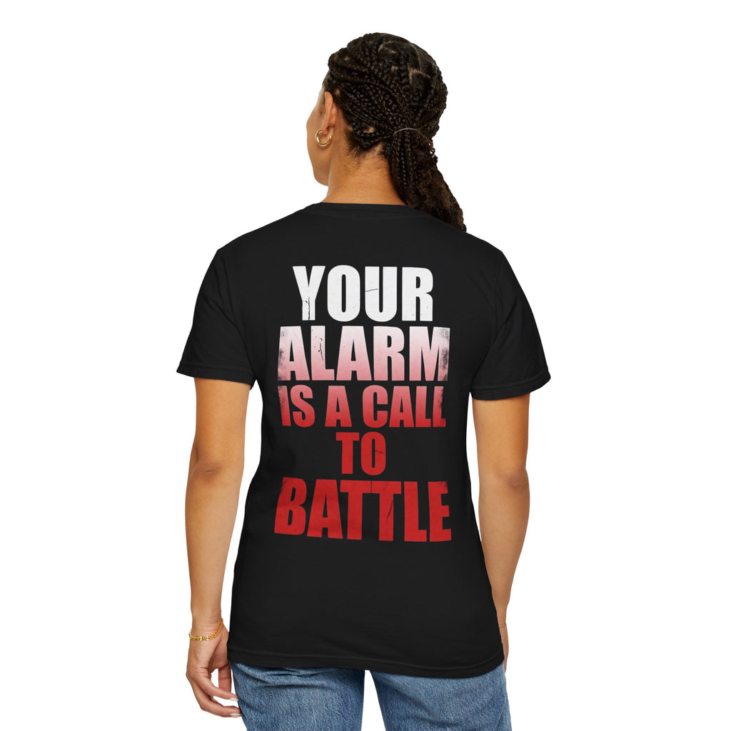 T-Shirt — "WARRIORALITY" Front / "Your Alarm Is A Call To Battle" Back - Motivational Gym Tee