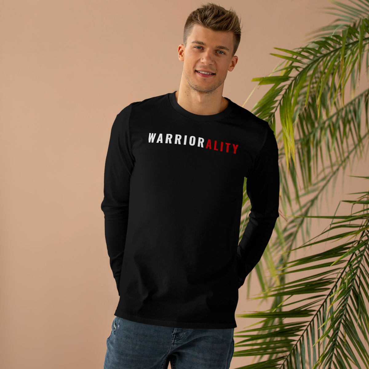 Men's Longsleeve Tee — 'Warriorality' Front, 'No Excuses Only Discipline' Motivational Fitness Shirt