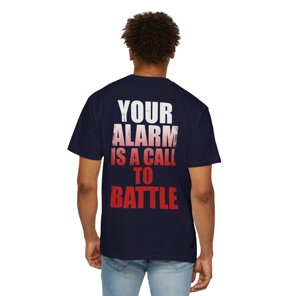 T-Shirt — "WARRIORALITY" Front / "Your Alarm Is A Call To Battle" Back - Motivational Gym Tee